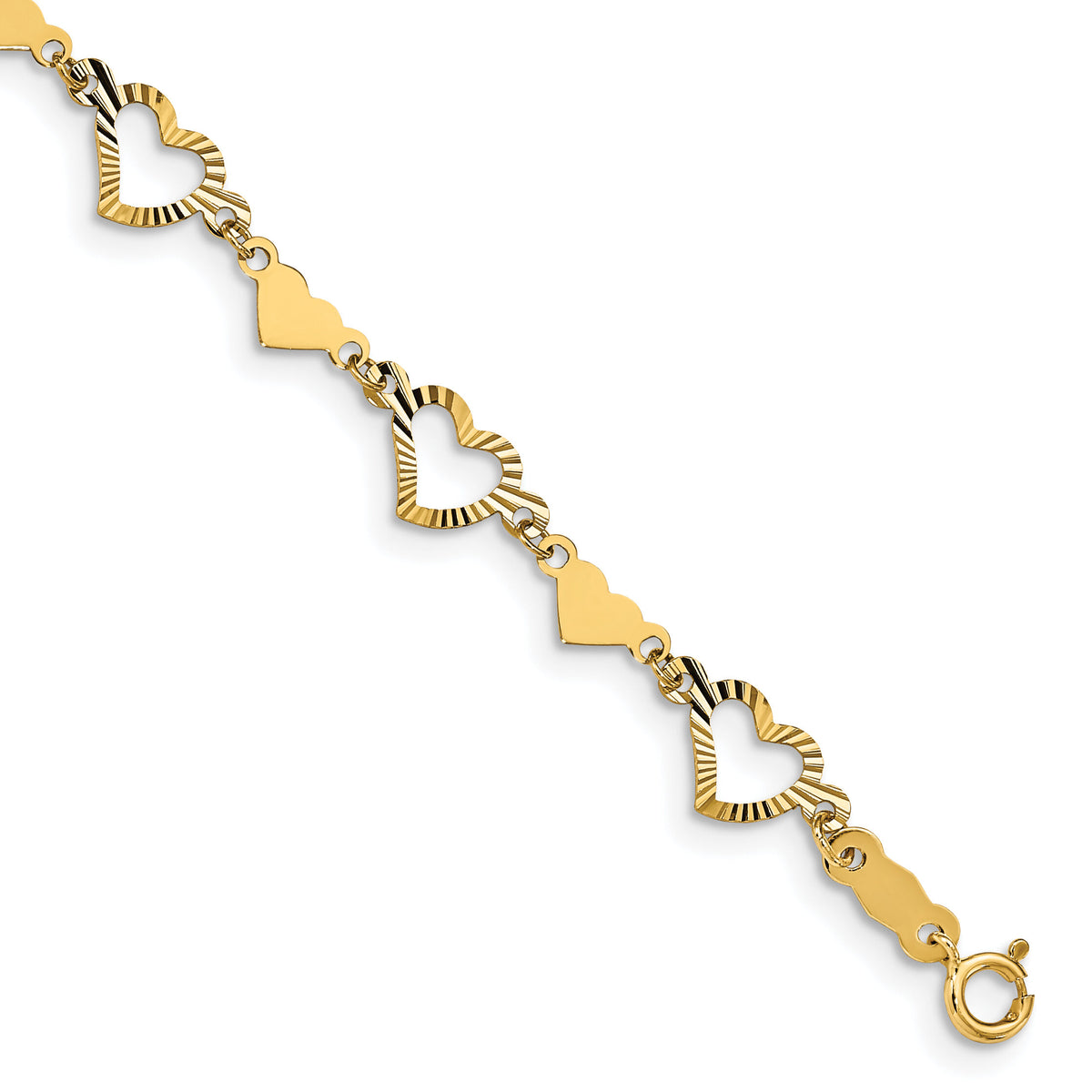 14k Polished Diamond-cut Open & Stamp Heart Bracelet-FB1481-7.5