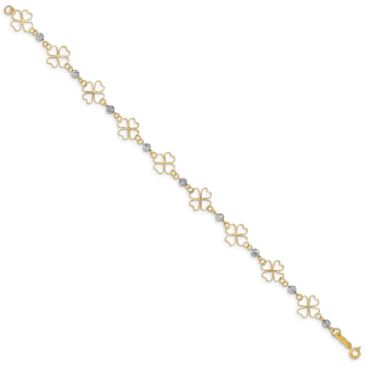 14k Two-tone Diamond-cut Open Clovers & Beads Bracelet-FB1492-7.5