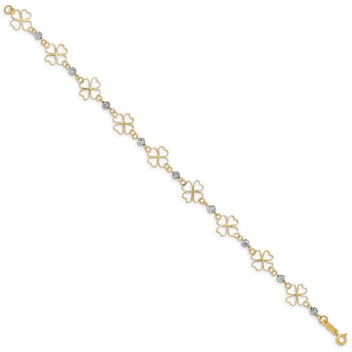 14k Two-tone Diamond-cut Open Clovers & Beads Bracelet-FB1492-7.5