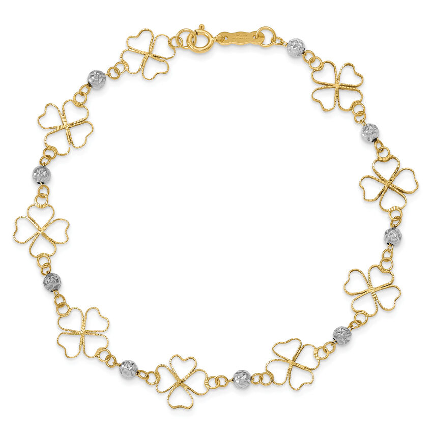 14k Two-tone Diamond-cut Open Clovers & Beads Bracelet-FB1492-7.5
