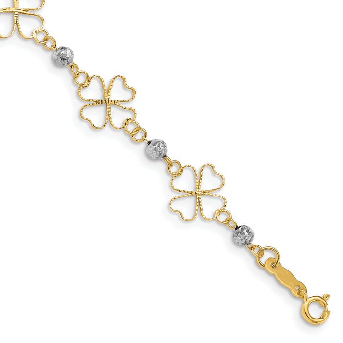 14k Two-tone Diamond-cut Open Clovers & Beads Bracelet-FB1492-7.5
