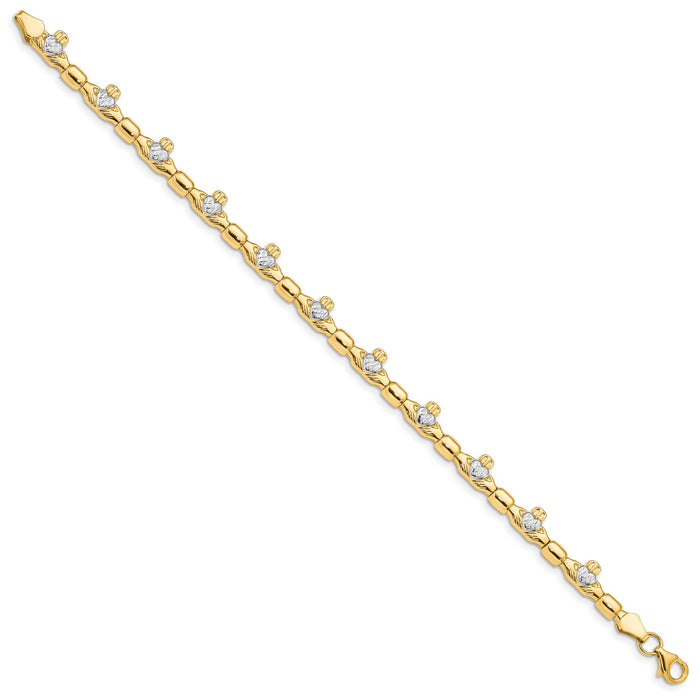 14K w/ Rhodium D/C Claddagh Polished Link Bracelet-FB1496-7.25