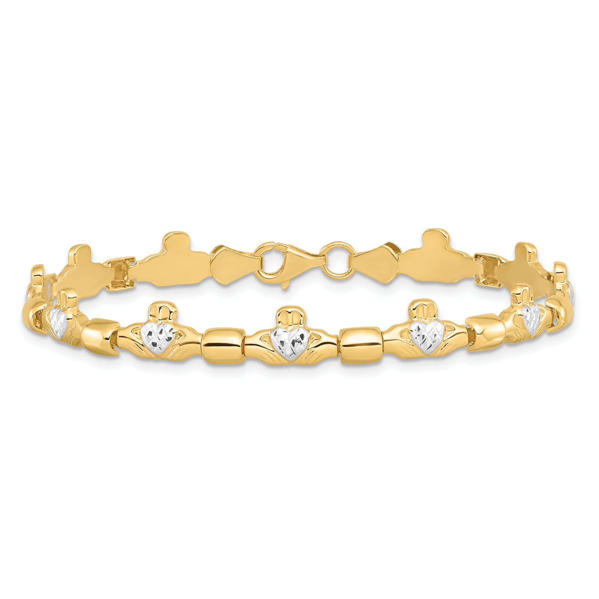 14K w/ Rhodium D/C Claddagh Polished Link Bracelet-FB1496-7.25