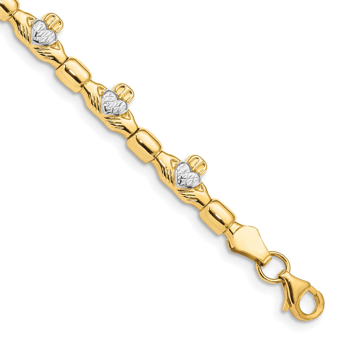 14K w/ Rhodium D/C Claddagh Polished Link Bracelet-FB1496-7.25