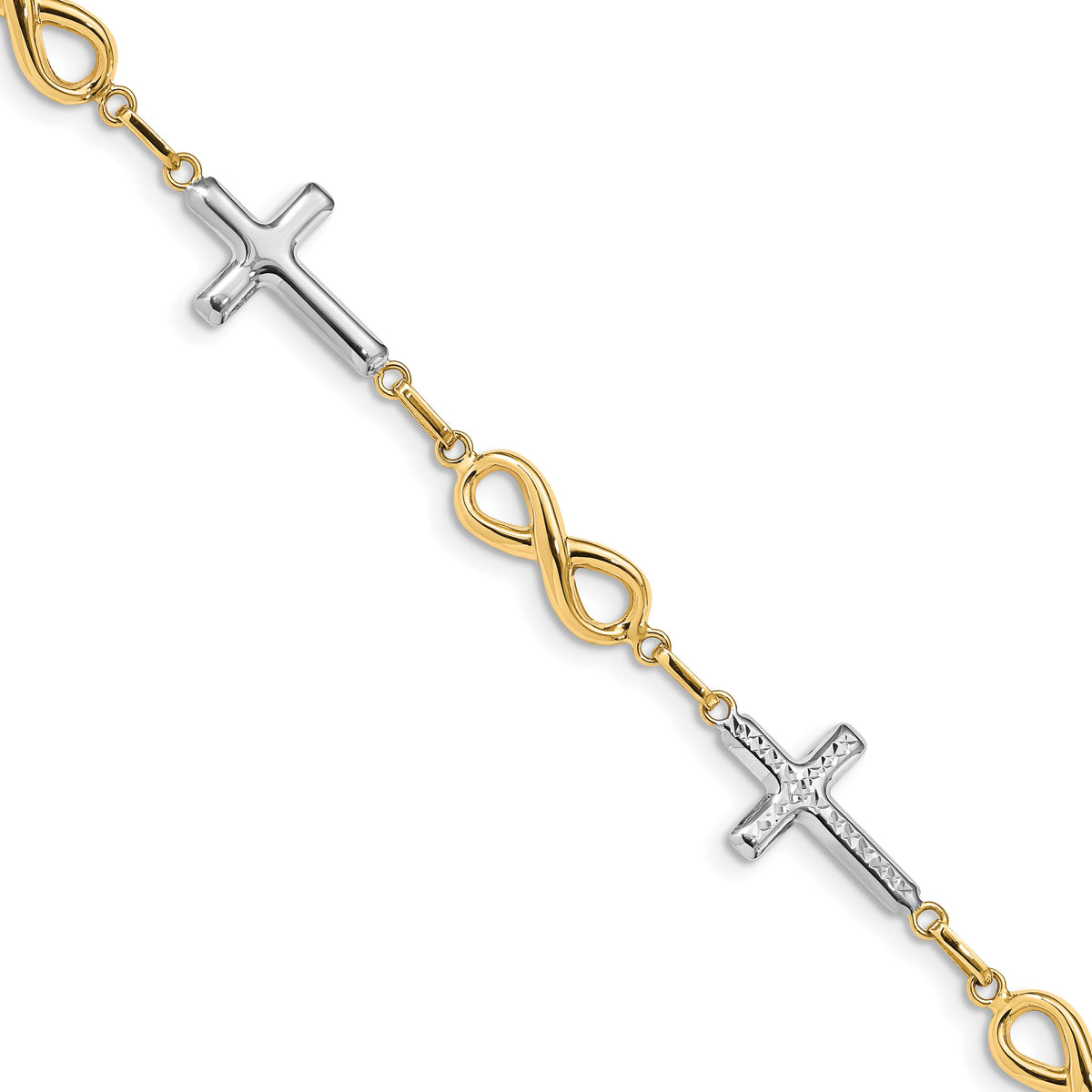 14K w/ Rhodium Polished Cross Infinity Symbol Link Bracelet-FB1500-7.25
