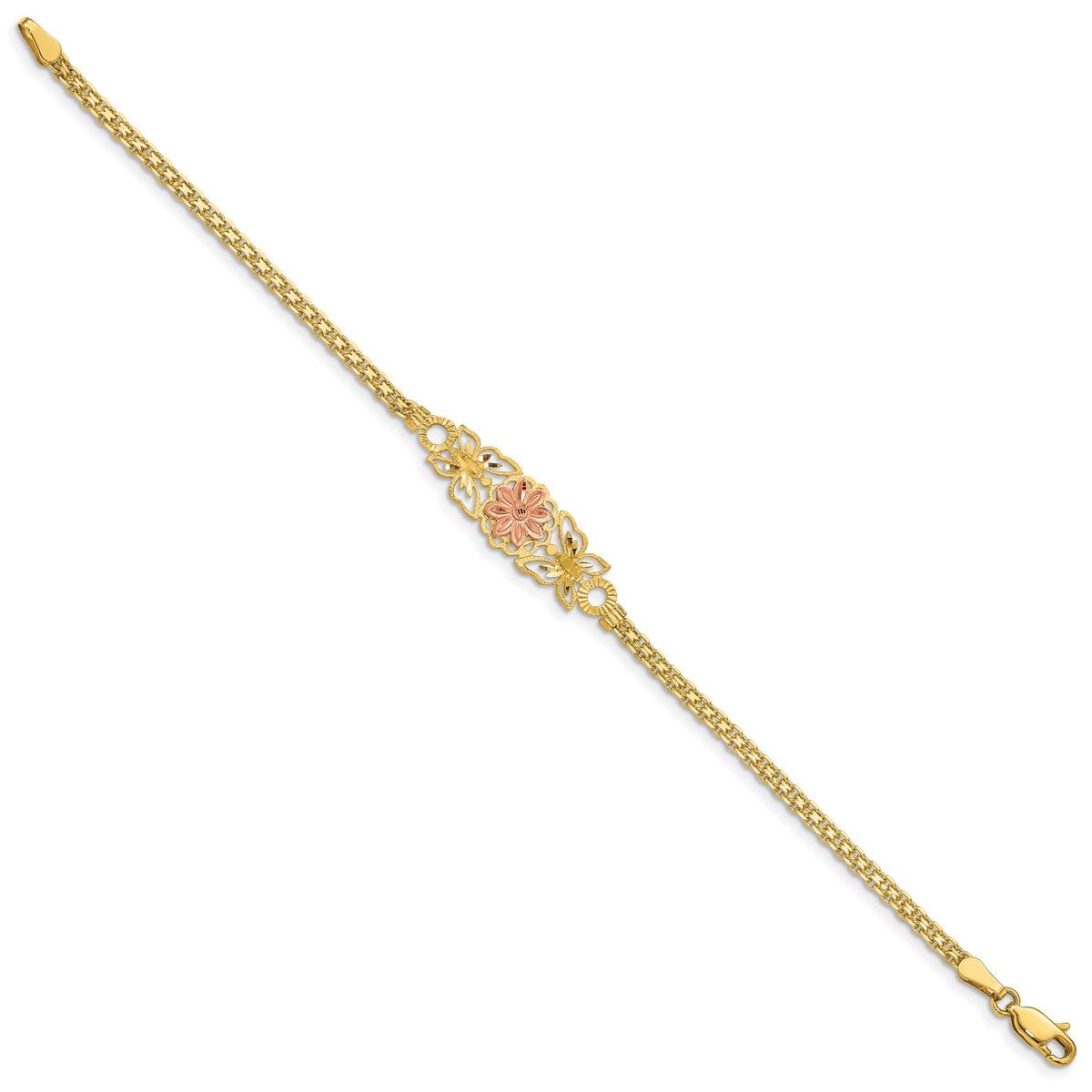 14K Two-tone Brushed & Polished Butterfly & Flowers Bracelet-FB1524-7