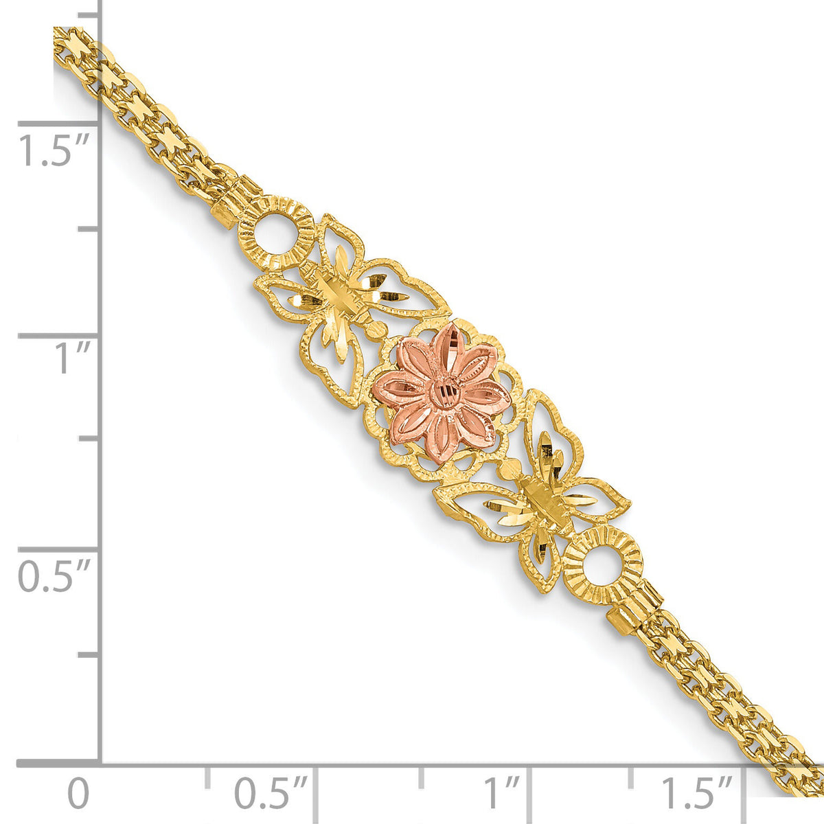 14K Two-tone Brushed & Polished Butterfly & Flowers Bracelet-FB1524-7