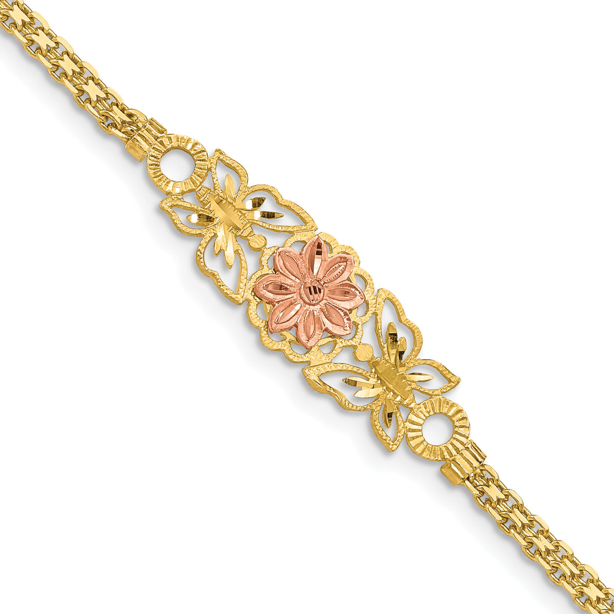 14K Two-tone Brushed & Polished Butterfly & Flowers Bracelet-FB1524-7