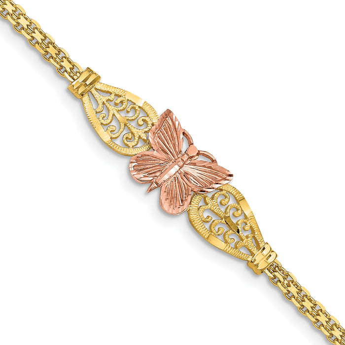 14K Two-tone Polished & D/C Butterfly Bracelet-FB1525-7