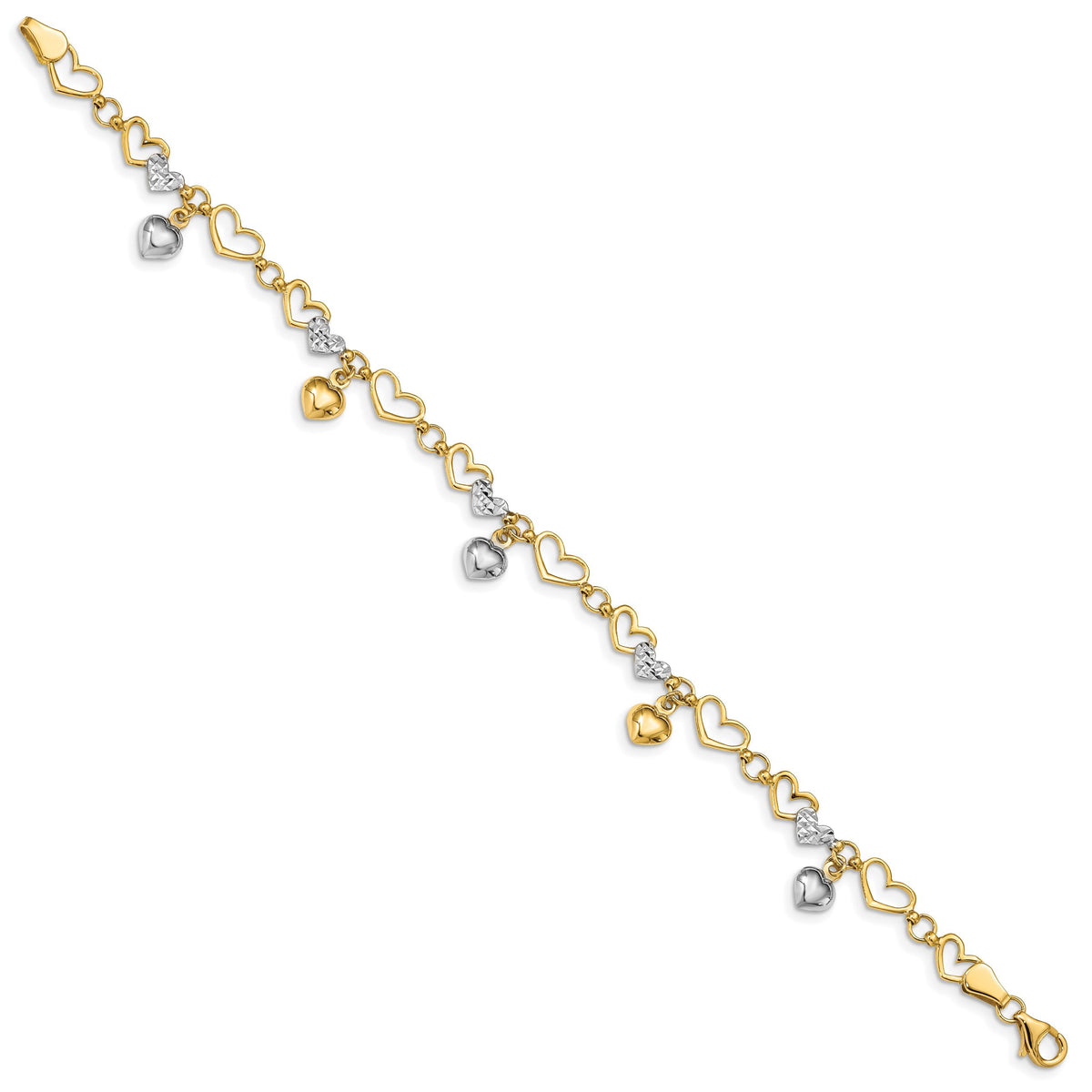 14K & White Rhodium Polished Heart D/C Bracelet-FB1541-7.25