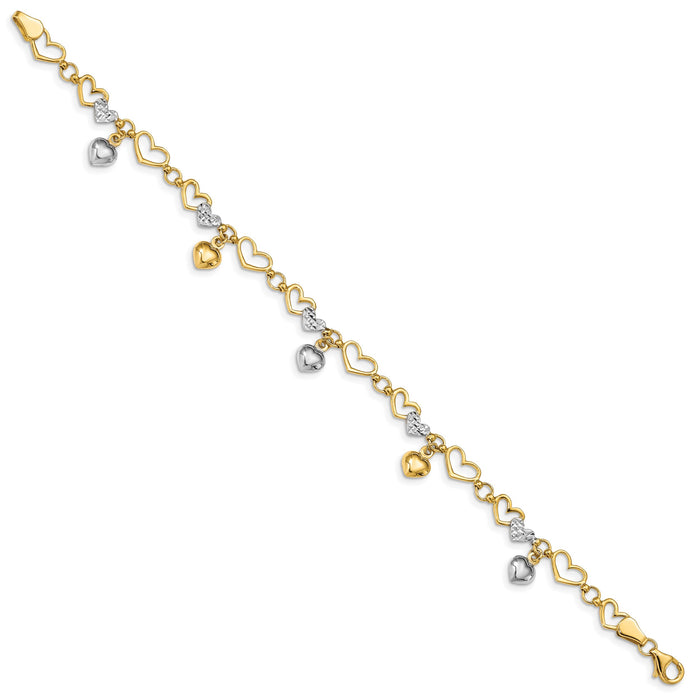 14K & White Rhodium Polished Heart D/C Bracelet-FB1541-7.25