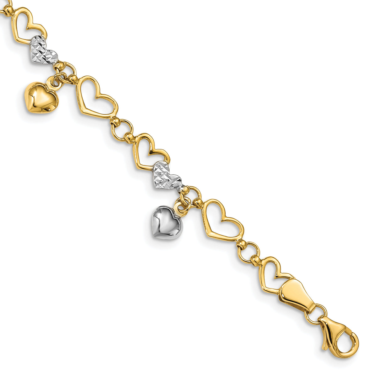 14K & White Rhodium Polished Heart D/C Bracelet-FB1541-7.25