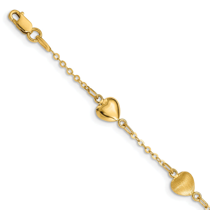 14K Brushed & Polished Hearts 7 inch Bracelet-FB1547-7