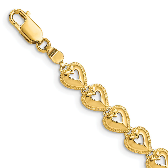 14K Polished Beaded Hearts Bracelet-FB1584-7