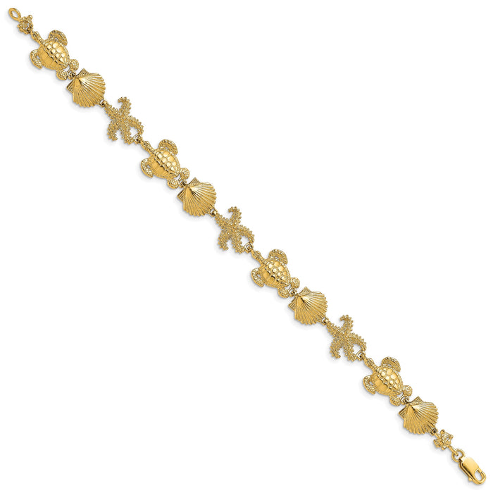 14K Polished Turtle, Shell and Starfish Bracelet-FB1754-7.5