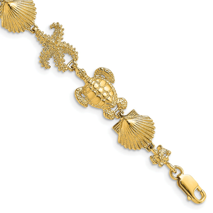 14K Polished Turtle, Shell and Starfish Bracelet-FB1754-7.5