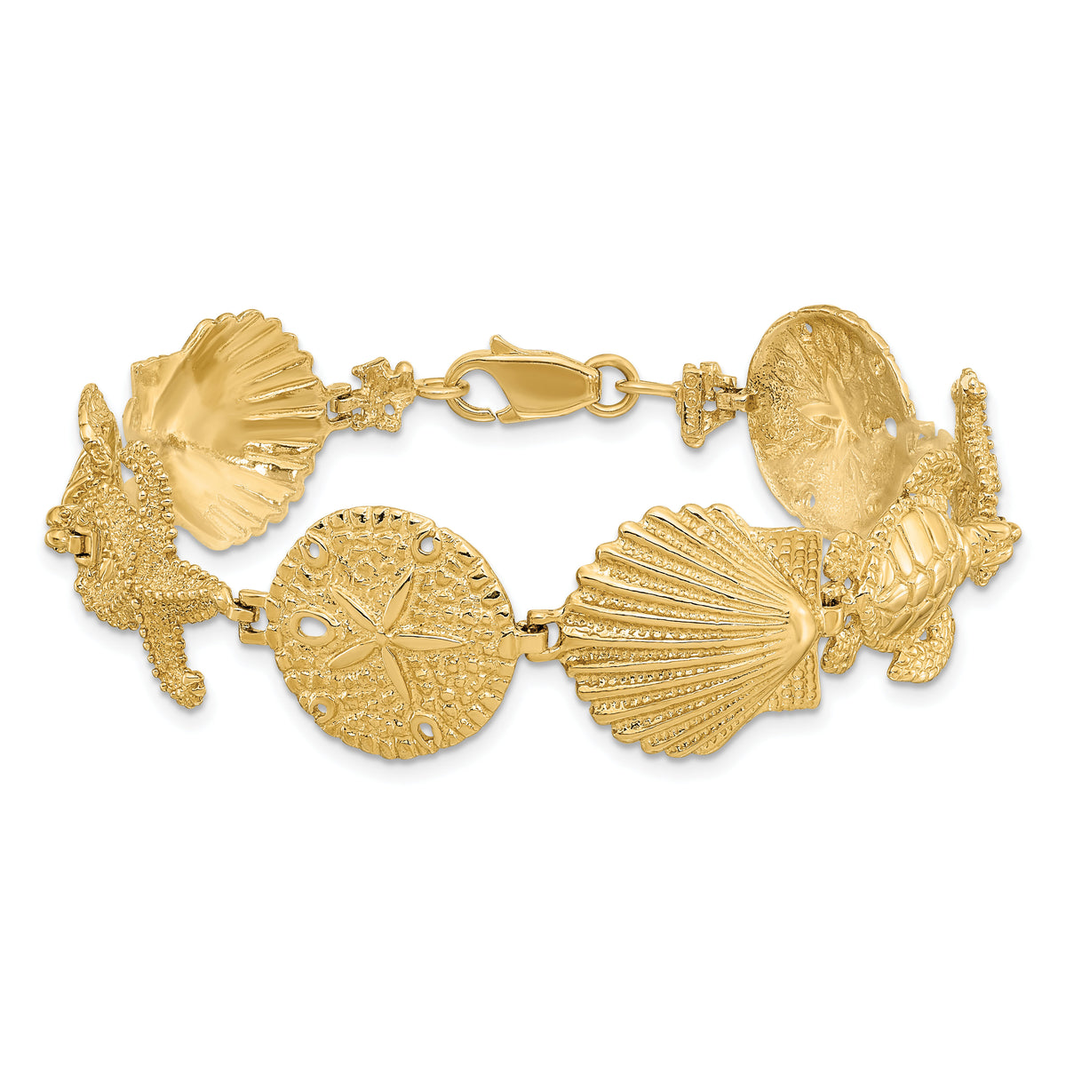 14k Polished Sand Dollar, Starfish, Turtle Link Bracelet-FB1822-7