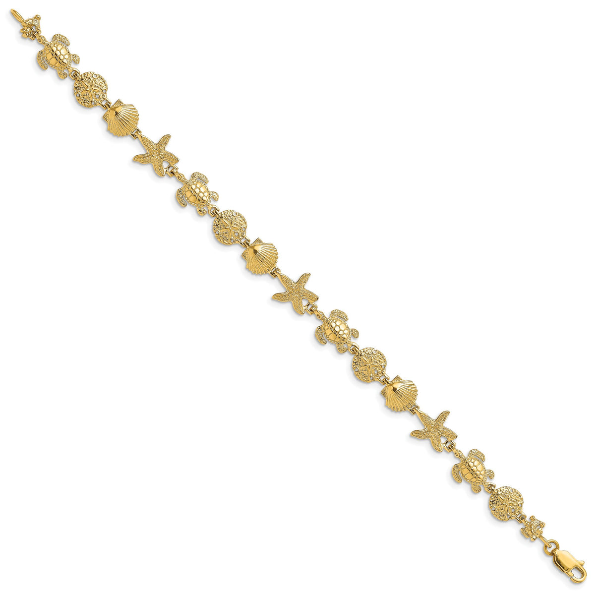 14K Polished Turtle, Sand Dollar, Shell and Starfish Link Bracelet-FB1828-7