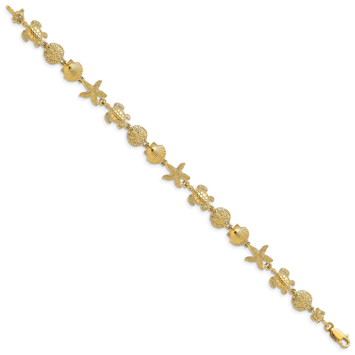 14K Polished Turtle, Sand Dollar, Shell and Starfish Link Bracelet-FB1828-7