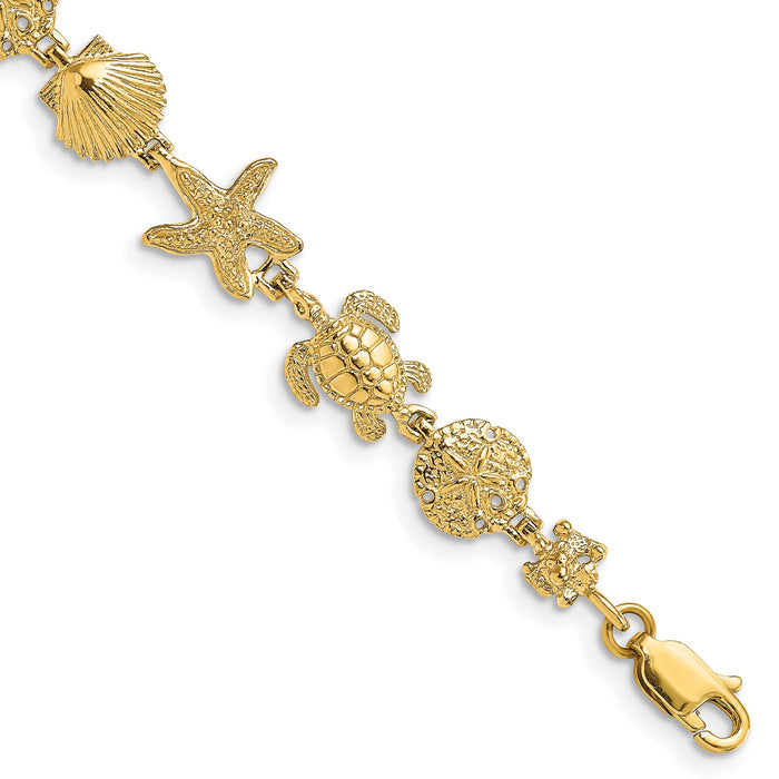 14K Polished Turtle, Sand Dollar, Shell and Starfish Link Bracelet-FB1828-7