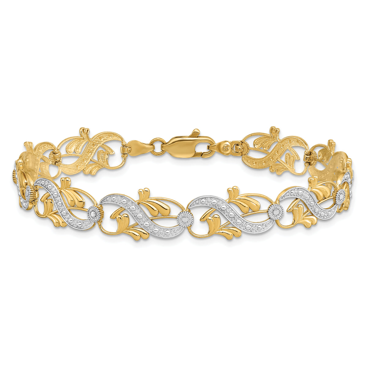 14K and White Rhodium Diamond-Cut Fancy Link Bracelet-FB1847-7.5