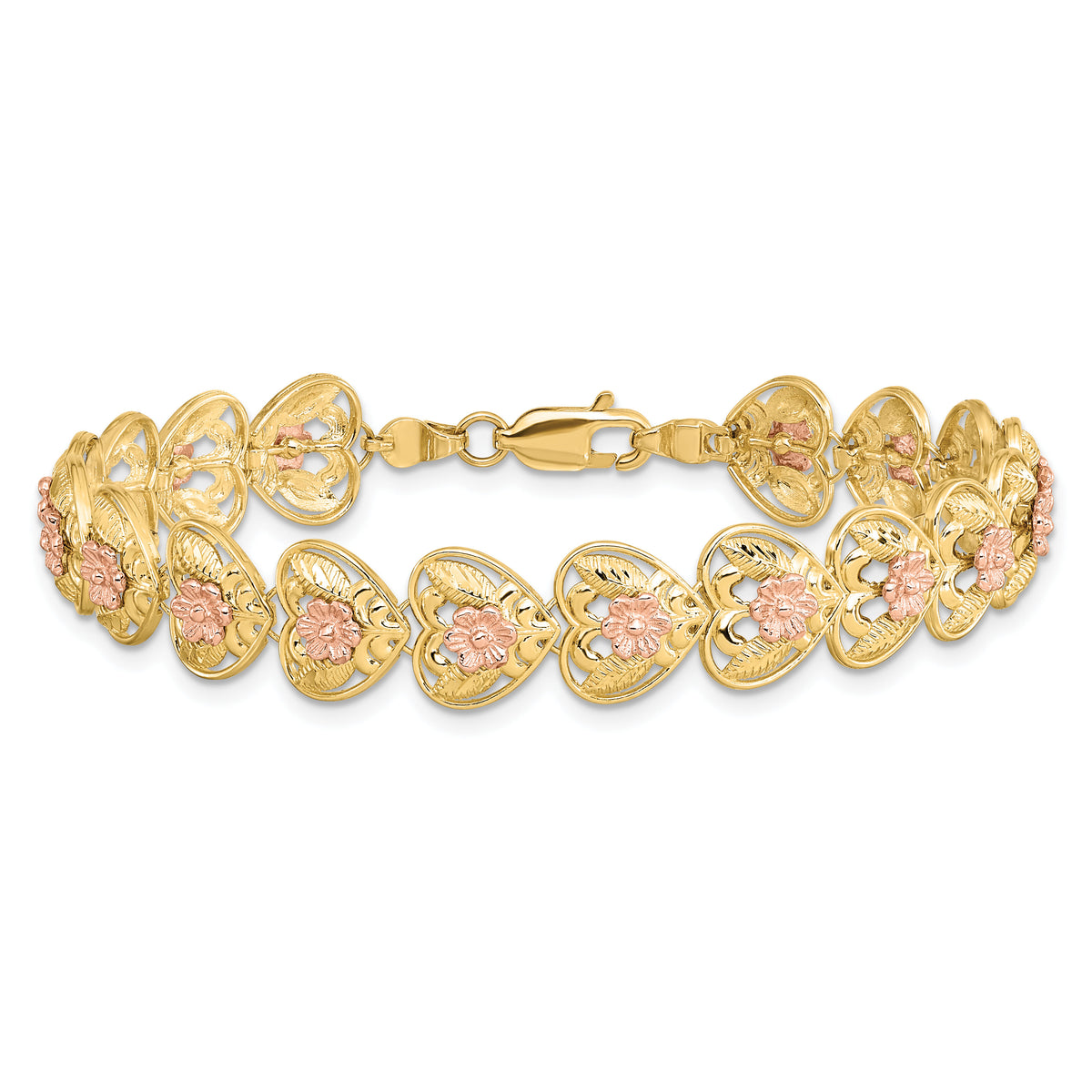 14k Two-tone D/C Heart w/Flowers 7.25in Bracelet-FB1850-7.25