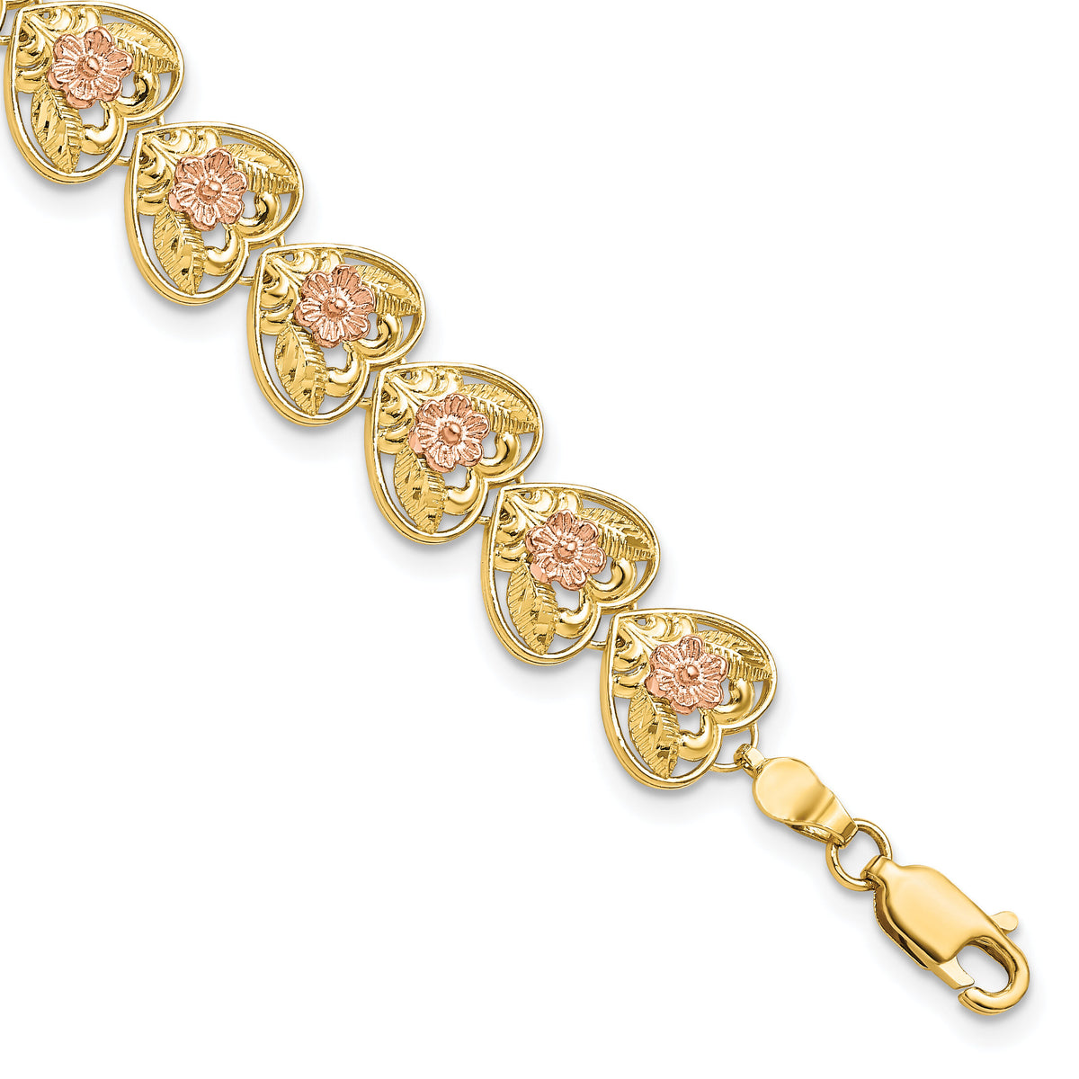 14k Two-tone D/C Heart w/Flowers 7.25in Bracelet-FB1850-7.25