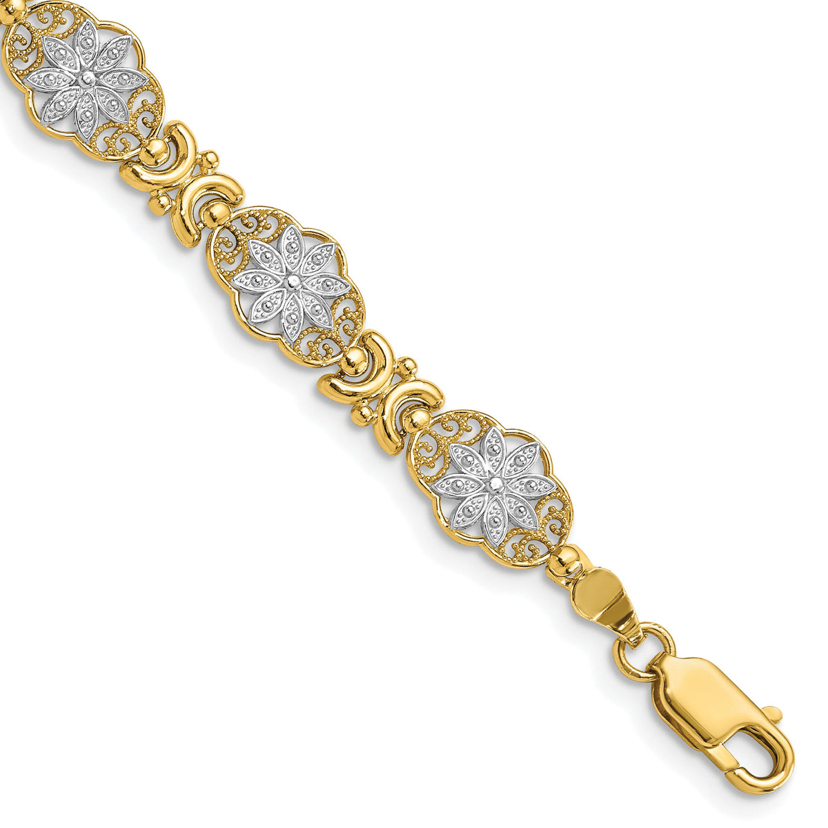 14k and White Rhodium Flower 7.5in Bracelet-FB1858-7.5
