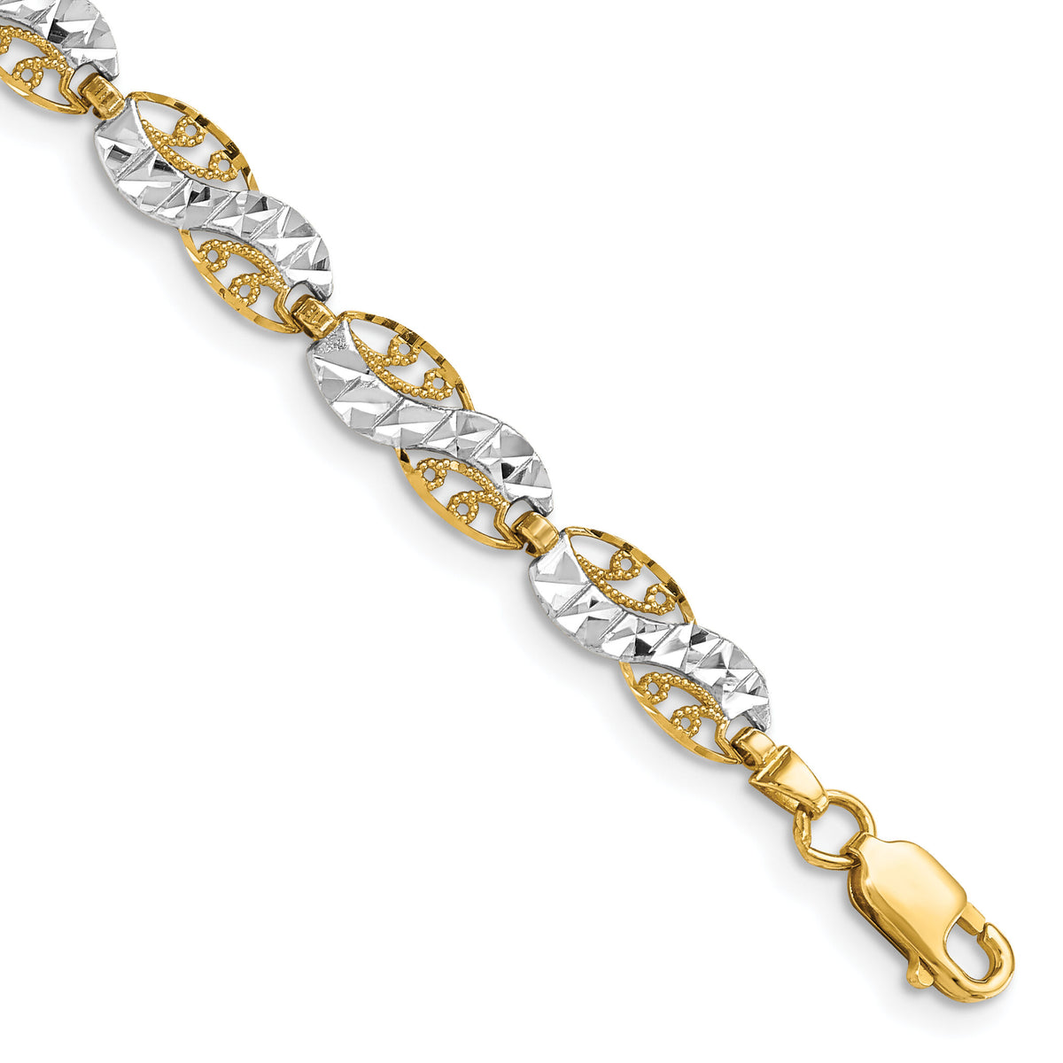 14K and White Rhodium Diamond-Cut Filigree Link Bracelet-FB1860-7.5