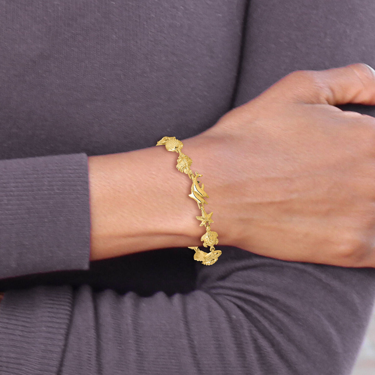 14k Nautical Combination w/ Dolphins Link Bracelet-FB1864-7.25