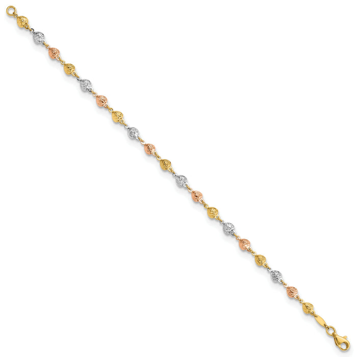 14K Tri-color Polished Diamond-Cut Hearts 7.5in Bracelet-FB1903-7.5