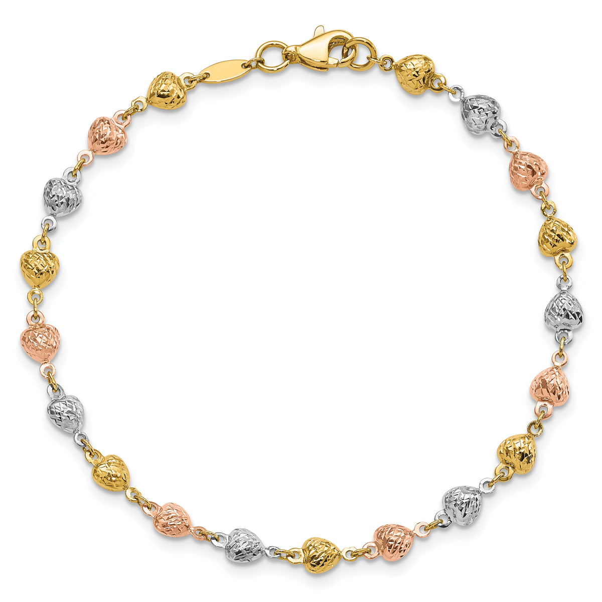 14K Tri-color Polished Diamond-Cut Hearts 7.5in Bracelet-FB1903-7.5