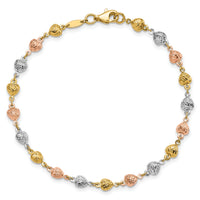 14K Tri-color Polished Diamond-Cut Hearts 7.5in Bracelet-FB1903-7.5