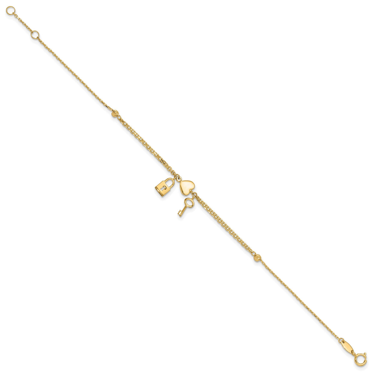 14K Polished and Diamond-cut Heart Lock and Key w/ .5in ext. Bracelet-FB1979-7
