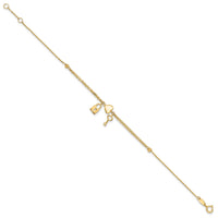 14K Polished and Diamond-cut Heart Lock and Key w/ .5in ext. Bracelet-FB1979-7
