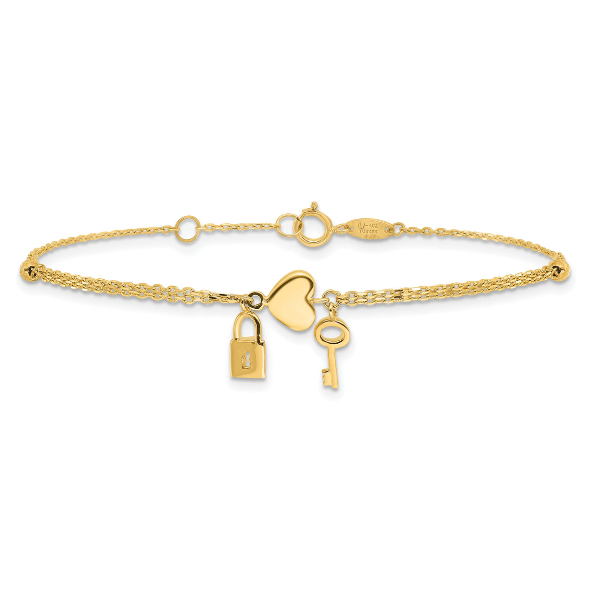 14K Polished and Diamond-cut Heart Lock and Key w/ .5in ext. Bracelet-FB1979-7