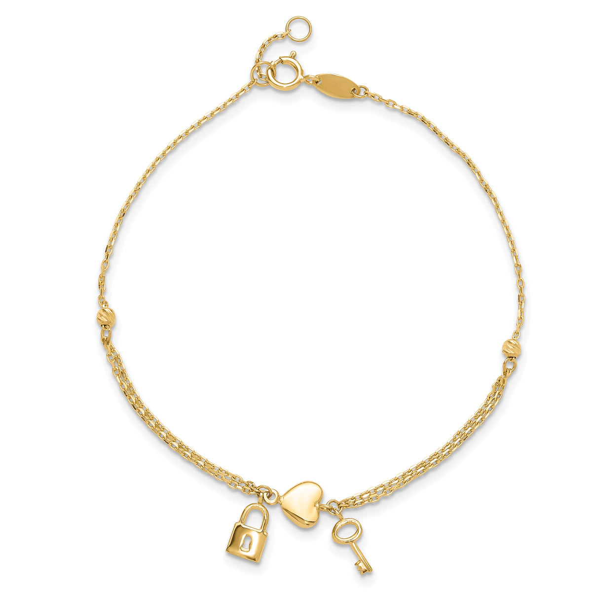 14K Polished and Diamond-cut Heart Lock and Key w/ .5in ext. Bracelet-FB1979-7