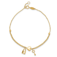 14K Polished and Diamond-cut Heart Lock and Key w/ .5in ext. Bracelet-FB1979-7