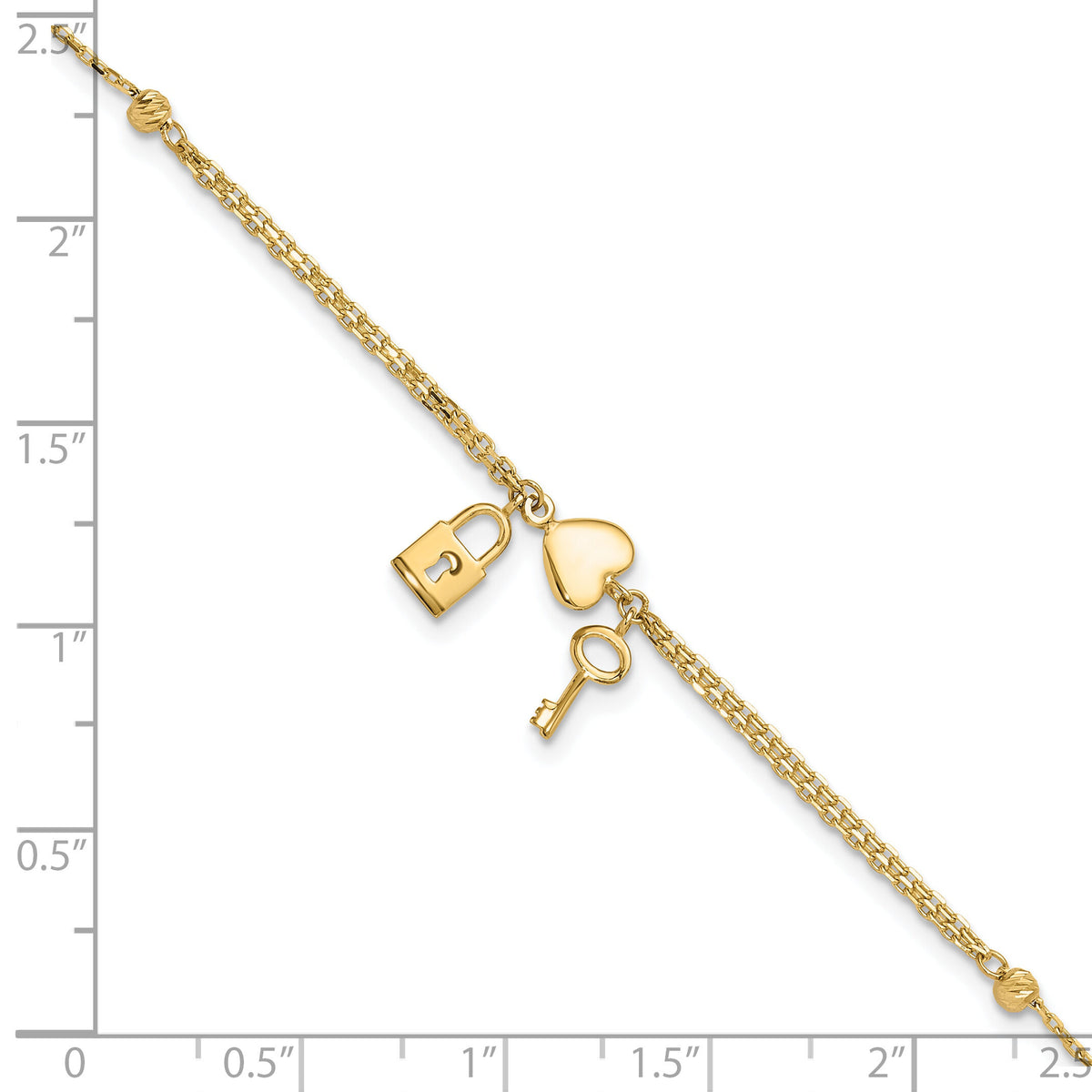 14K Polished and Diamond-cut Heart Lock and Key w/ .5in ext. Bracelet-FB1979-7