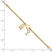 14K Polished and Diamond-cut Heart Lock and Key w/ .5in ext. Bracelet-FB1979-7