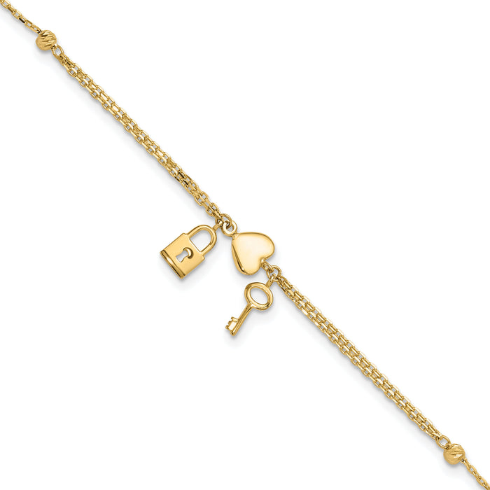 14K Polished and Diamond-cut Heart Lock and Key w/ .5in ext. Bracelet-FB1979-7