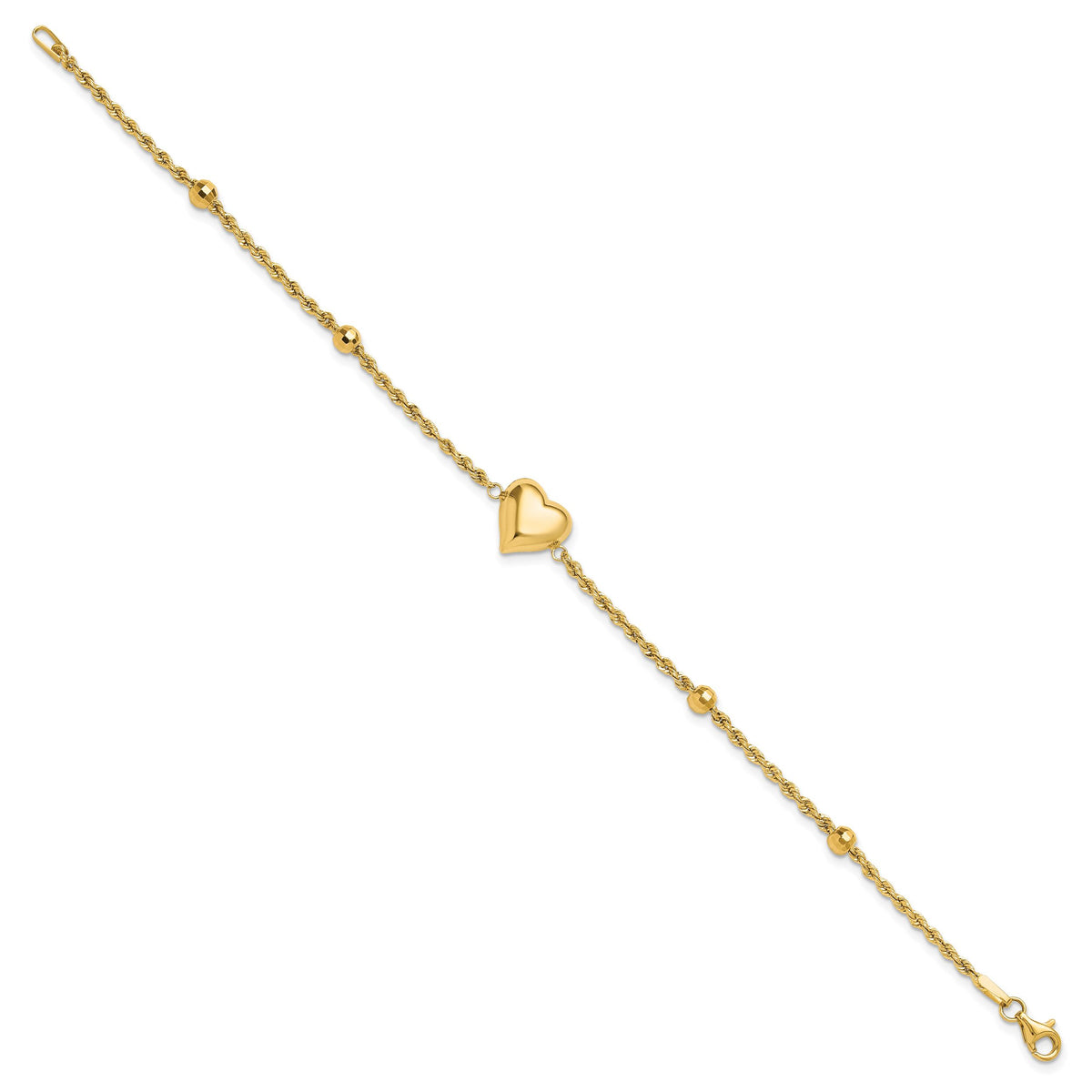14k Polished and D/C Beaded Puff Heart 7.75in Bracelet-FB1982-7.75