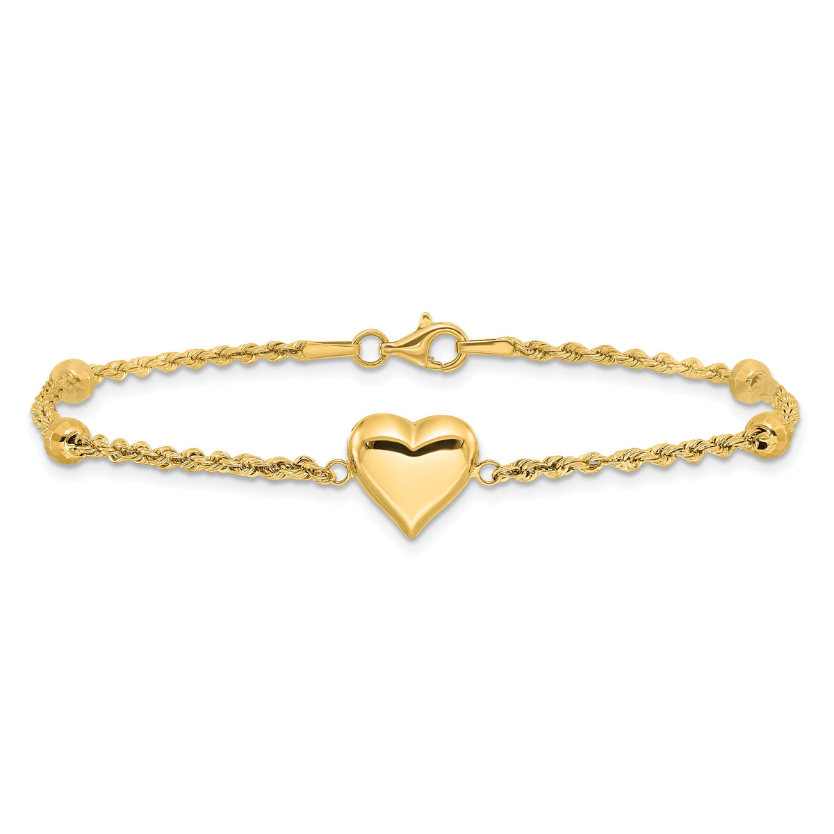 14k Polished and D/C Beaded Puff Heart 7.75in Bracelet-FB1982-7.75