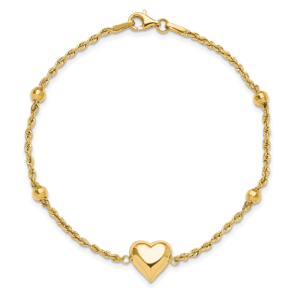 14k Polished and D/C Beaded Puff Heart 7.75in Bracelet-FB1982-7.75
