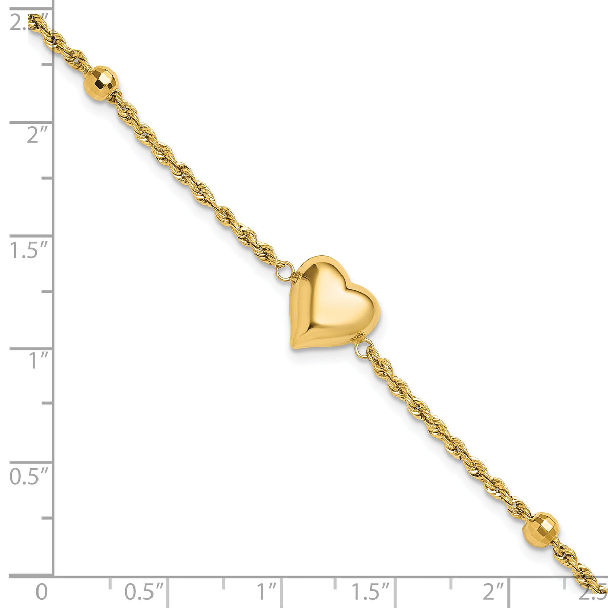 14k Polished and D/C Beaded Puff Heart 7.75in Bracelet-FB1982-7.75