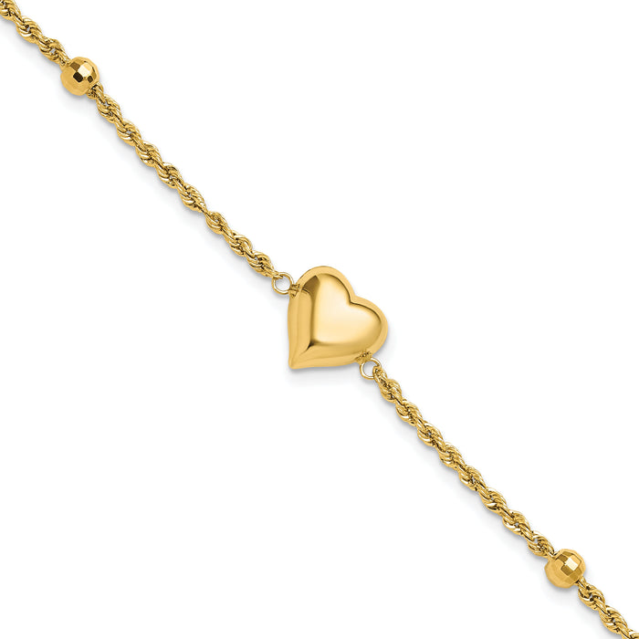 14k Polished and D/C Beaded Puff Heart 7.75in Bracelet-FB1982-7.75