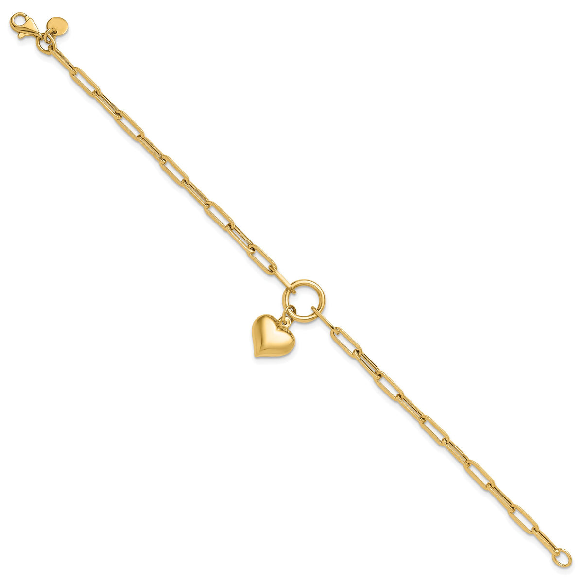 14K Polished Puff Heart Paper Clip Link Bracelet-FB1983-7.25