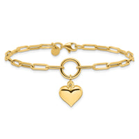 14K Polished Puff Heart Paper Clip Link Bracelet-FB1983-7.25