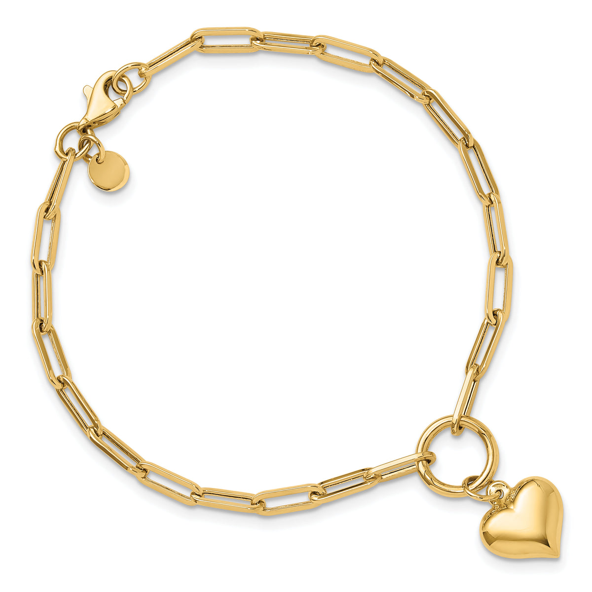 14K Polished Puff Heart Paper Clip Link Bracelet-FB1983-7.25