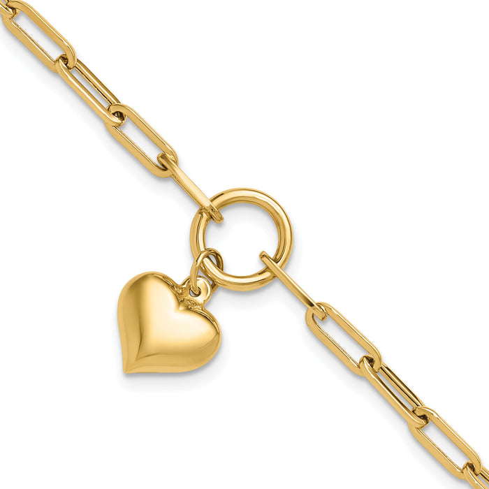 14K Polished Puff Heart Paper Clip Link Bracelet-FB1983-7.25